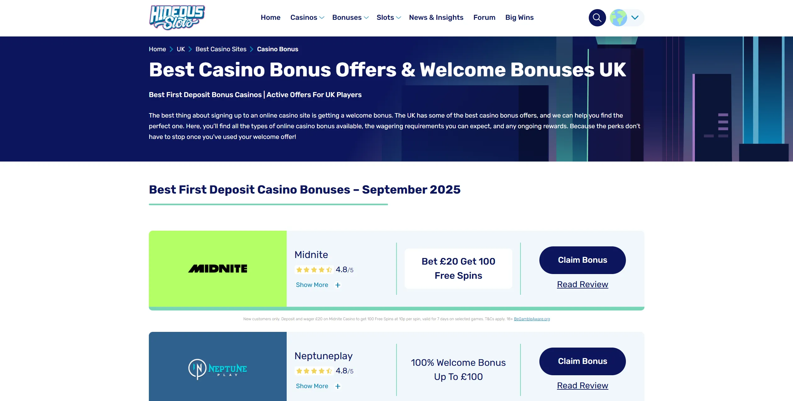 Screenshot of Hideousslots.com - Best Casino Bonus Offers & Welcome Bonuses UK